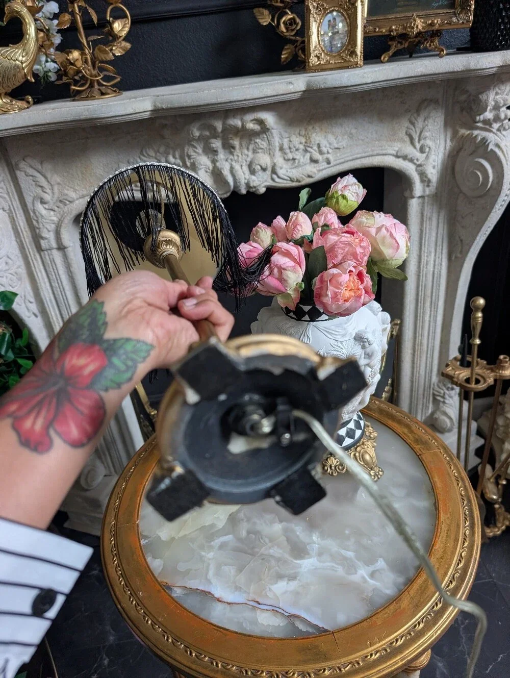 Vintage, Petite, Hollywood Regency Gold Boudoir Footed Table Lamp w/ Black Frin